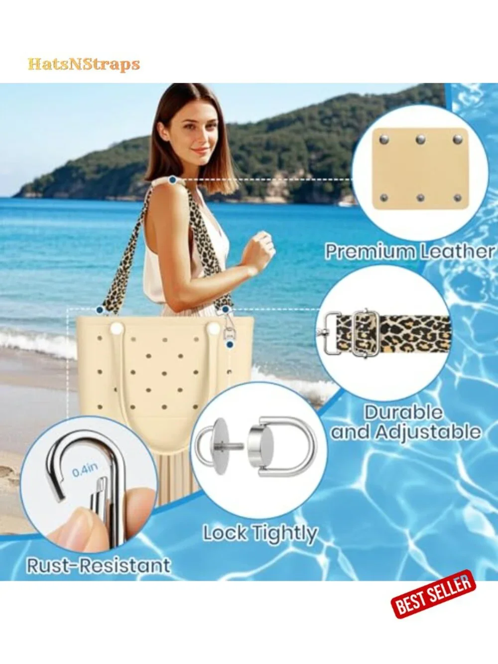 Adjustable Crossbody Strap with Leather Handle Wrap for Beach Totes